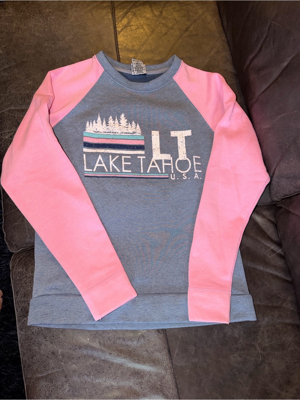 Lake Tahoe Women’s' Raglan Crewneck Sweatshirt - Pink & Blue